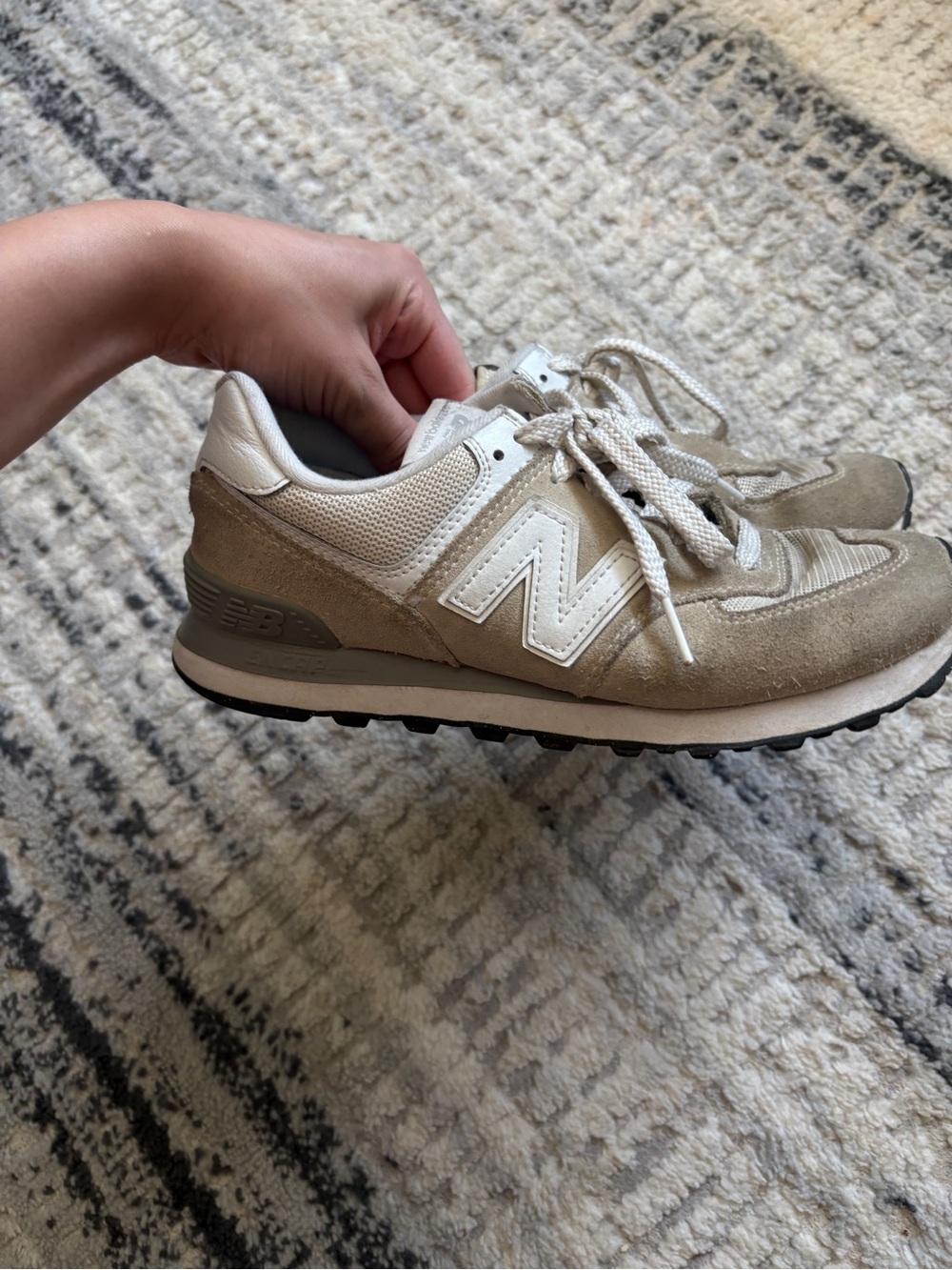 New Balance Beige and White Suede Mesh Sneakers